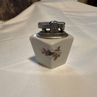 Vintage White Floral Ceramic Tabletop Lighter W  Metal Striker Top
