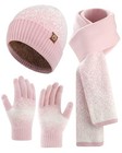  Winter Hat Gloves Scarf Set For Women  3 Pcs Knit Beanie Touchscreen Pink