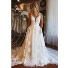 A Line Beach Wedding Dresses With Pockets V Neck Tulle Lace Boho Bridal Gowns