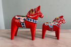 Set Of 2 Vintage Nils Olsson Hand Carved Painted Red Wood Dala Horses Sweden