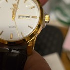 Olevs Men s Quartz Dress Watch Day date Gold Case White Dial Brown Leather