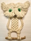 Vintage Macrame 70 s Owl Wall Hanging Decor Green Eyes Jute Off White Retro