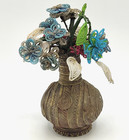 Vtg  French Beaded Floral Bouquet In Ornate Metal Vase Wired Seed Beads  as Is 