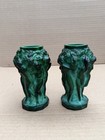 Ingrid Malachite Glass Vase Art Deco Nude Women Czech Bohemian 1930s Set Of 2