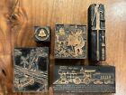 Antique Printing Block Lot  5  Copper Face Advertising Wood Back Ink Stamp Bell