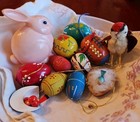 Easter Vintage German Ornament Lot Of 12 Pink Bunny Rattle   Birds  Erzgebirge 