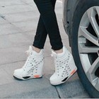 Womens Point Toe Rivet Wedge Heel Ankle Boot Stud Lace Up Platform Boots Black