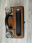 Antique 19th Century Wooden Desk Inkwell Double Glass Ink Pen Stand With Drawer