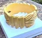 Vintage Butterscotch Carved Bakelite Wide Bangle Bracelet Leaf Pattern