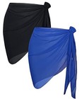 2 Pieces Women Beach Sarong Bathing Suit Wrap Skirt Sheer Black And Solid Blue