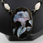 Vintage Lee Sands Blue Mop Mother Of Pearl Lilly Flower Pendant 20  Necklace