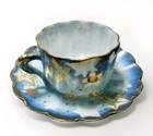 Antique Nippon Eggshell Porcelain Blue Pink Gold Demitasse Cup   Saucer Set