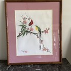 Vtg Hand Painted Art Silk Asian Signed Birds Cherry Blossom  Matted  Framed