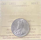 1922 Canada Five Cents Coin  Iccs Cert   Xzj 161-  ms 63   Beautiful Coin-unc