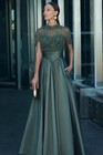 Luxury Beading Embrodiery Evening Dress High Neck Cap Sleeve Women Formal Party