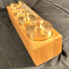 Vintage Balance Scale Weight Set W  Wood Holder - Six Brass   Six Steel Weights 