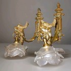 Pair Of Antique Bronze Brass French Mythological Dragon Wall Sconces  Glass Rose