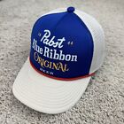 Pabst Blue Ribbon Hat Brew City Foam Trucker Snapback Blue Spellout Beige Mesh