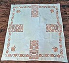 Vtg Table Topper 34  Square Linen Hand Embr Peach   Burgundy Floral