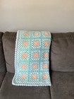 Handmade Granny Square Crochet Blanket Green Peach Light Blue  34 X 36