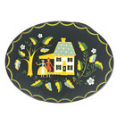 Vintage Pa Dutch Toleware Oval Tin Box Handles Folk Art Black Sewing Basket