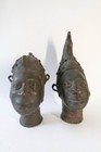 Pair Of Vintage Benin Bronze Iyoba And Oba Heads African Art Nigeria
