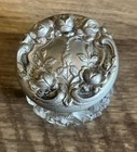 Vintage Silver Powder Trinket Vanity Jar Rose Pattern Lid Printed Cut Glass