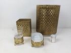 Vintage Hollywood Regency Gold Basketweave Rare Vanity Bathroom Set 5pc