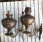 Antique Pair Brass Wall Sconce Oil Lamps Ornate Cast Metal J b  47 Victorian