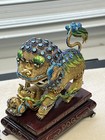 Pair  Chinese Enameled Silver Filigree Foo Dogs On Wood Stands