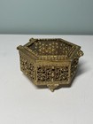 Vtg Footed Gold Ormolu Filigree 4 5    Jewelry Casket Trinket Box W beveled Glass