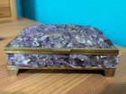 Vintage Amethyst Stone   Brass Trinket Case Lined Interior W brass Hinged Cover