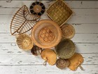Vtg Baskets Lot Of 11 Woven Wicker Ratan Grass Boho Farmhouse Wall Decor Hanging