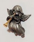 Vtg Daria Pewter Flying Angel Gold Tone Trumpet 3d Flying Angel Brooch