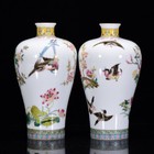 A Pair Chinese Pastel Porcelain Handpaintde Exquisite Flower bird Vase 27539