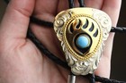 Vintage Brass Bear Paw Turquoise Bolo Tie     Leather Cord     Taiwan Western