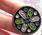 Antique Black Pressed Glass Button W hand Painting pinwheel e3