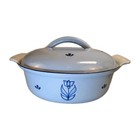Dru Holland Blue Tulip Enamel Cast Iron Oval Baker Casserole Pan W  Lid 70s  24