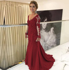 Mother Of The Bride Party Dresses Mermaid V Neck Long Sleeve Tulle Lace Applique