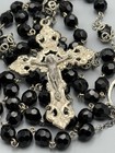 Vtg  Sterling Silver Black Cut Crystal Glass Rosary Beads With Crucifix 