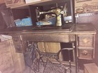 Antique Vintage Singer Sewing Machine In Cabinet  Treadle Table Wrought Iron 
