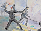 Art Original Painting Chaos In The Street Figures News Signed Paper Mixed Media