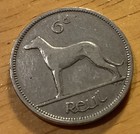 1948 Ireland Republic 6 Pence Coin Irish Wolfhound Harp Irish Sixpence 6d Coin