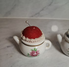 Vintage Porcelain Teapot Pin Cushion-set Of 2 Blue And Red