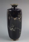 Japanese  Meiji Black Shippo Cloisonn   Tree Bird Vase 4 5  Tall Hcv26  69