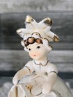 Vintage Lefton Pixie Bloomer Girls Pair Parasols Gold Accents 1956 One Repaired
