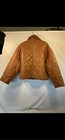 Elie Tahari Women   s Faux Leather Quilted Puffer Coat Tan Camel Large