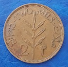 Israel Palestine British Mandate 2 Mils 1946 Bronze Coin Xf