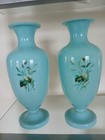 Pr Antique Bohemian Turquoise Opaline  Vases Hand Enameled Floral Harrach