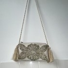 Women   s Beige Beaded Floral Crossbody Bag  Zip Closure  Tassel Accents